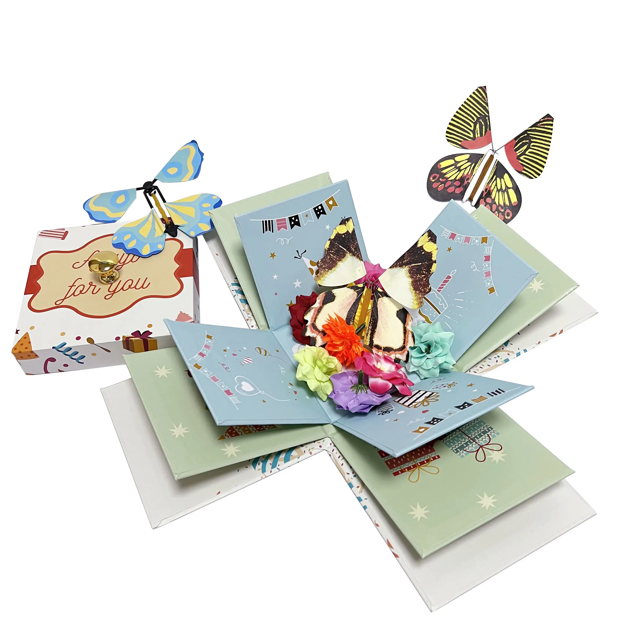 Imballaggio del contenitore di regalo di esplosione di compleanno della farfalla della carta di pop-up dell'ospite del contenitore di regali di bomboniere del partito della stampa su ordinazione di promozione