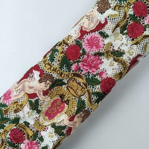 2019 时尚红色花朵刺绣串珠蕾丝面料 - Product Image 4