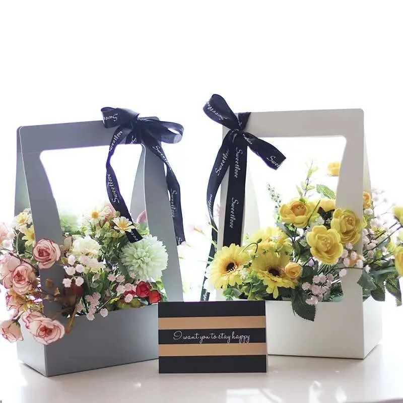 Caja de ramo de flores a prueba de agua con logotipo personalizado, embalaje de flores, regalo de San Valentín, con asa, venta al por mayor
