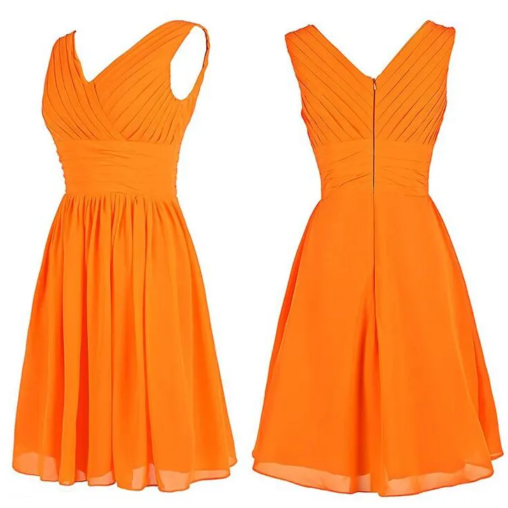 Sleeveless A-Line Knee Length Short Chiffon Orange Bridesmaid Dresses