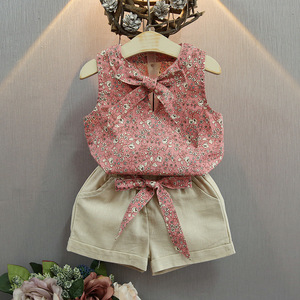 Floral Bow Vest Tops und ärmellose Shorts für Mädchen Modisches Kleidungs set im Landhausstil