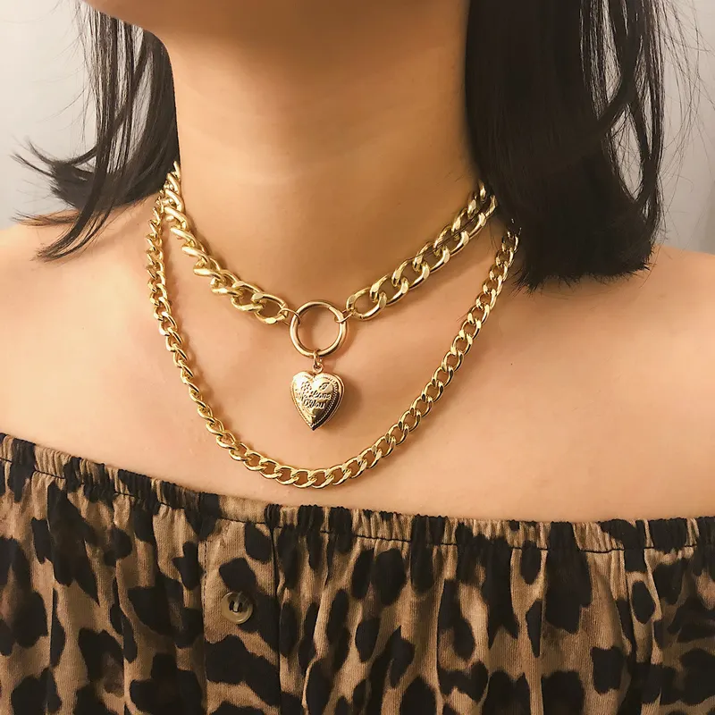 De moda Venta caliente Simple diseño único mujeres grueso Collar chapado en oro marco de foto doble capa corazón colgante collar de Gargantilla