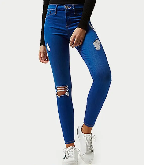 Calça jeans de cintura alta feminina, azul brilhante rasgada