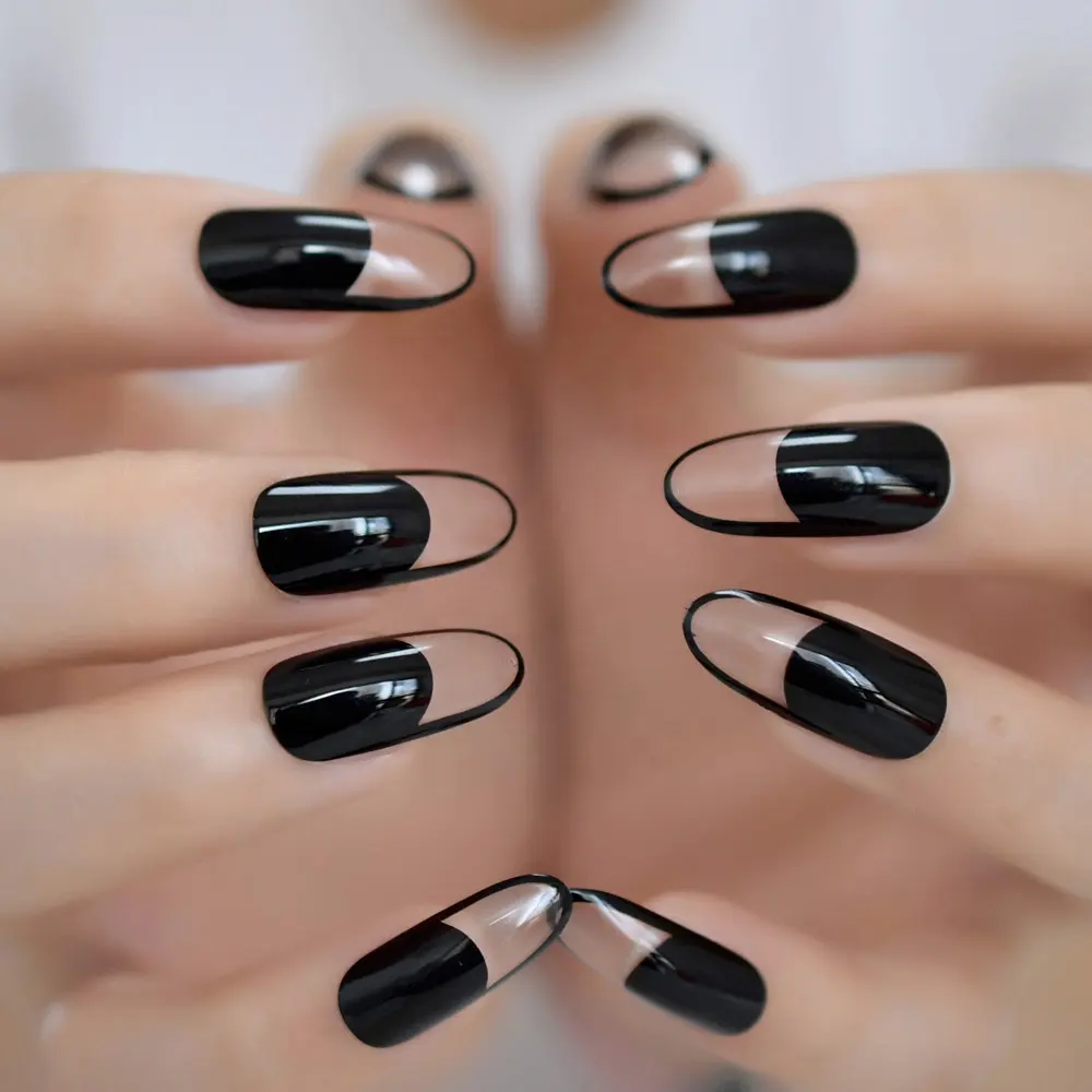 Spirit Clear Fake Nails im französischen Stil Black Gel Polish Cover Glänzende lange ovale falsche Nägel Künstliche Fingernägel mit Gluetabs 24