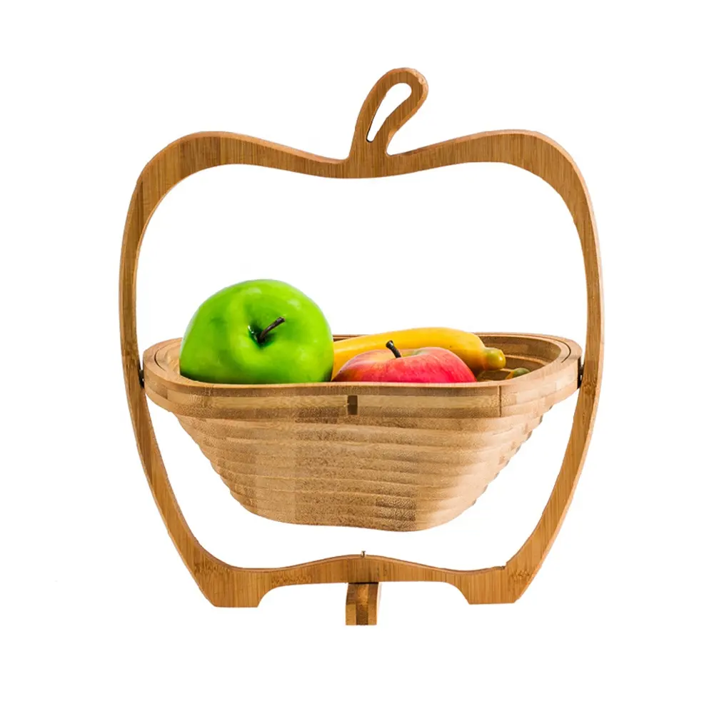 Cesta de bambú plegable para frutas, cesta de madera segura para comida con forma de manzana, oferta de comercio electrónico