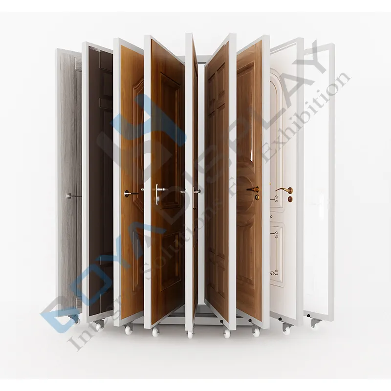 Customized wooden door book wing turning type display stand rack wood door displays stand