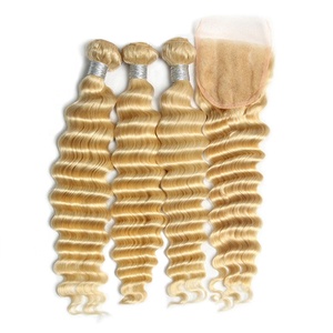 Highknight ücretsiz hediyeler 100% insan insan saç demetleri 613 işlenmemiş insan saçı derin dalga saç demetleri ile kapatma - Product Image 1