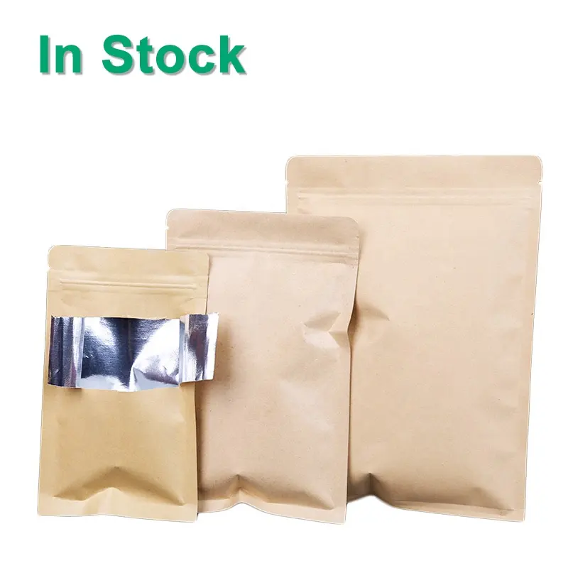 Sellado de 3 lados metalizado de papel Kraft reutilizable papel de aluminio forrado de calor sello de embalaje de alimentos bolsas de bolsas con cremallera