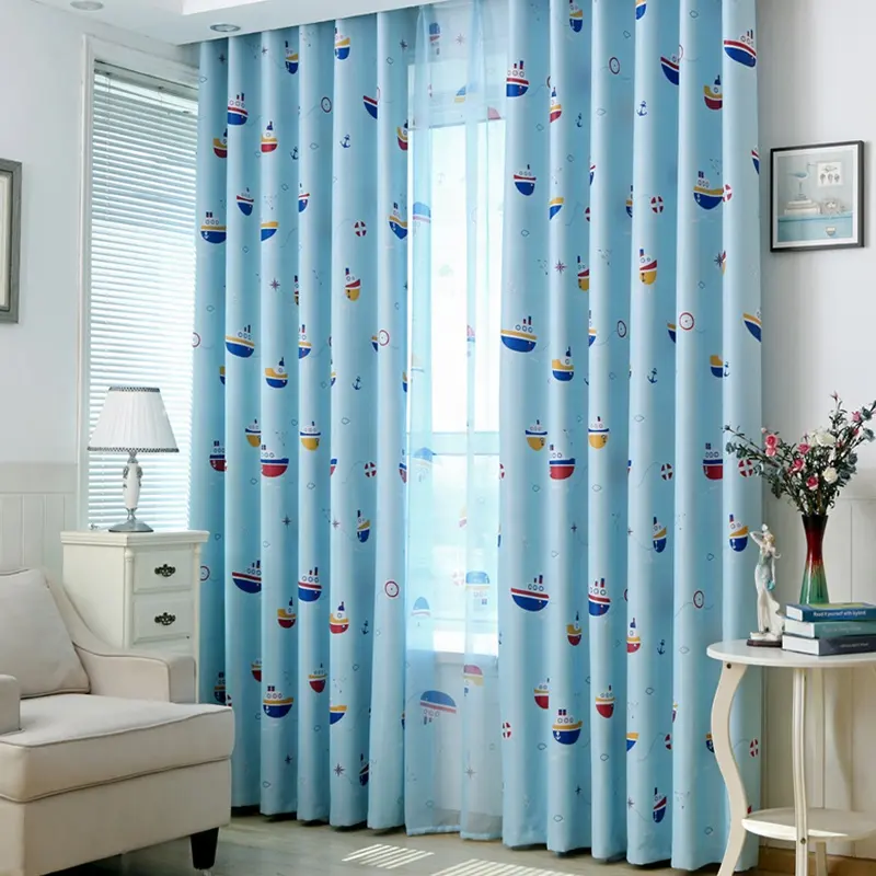 Baixo MOQ Azul Dos Desenhos Animados impresso cortinas Máquina Feita Moderna Janela de Design Moderno para o Quarto Quarto de Crianças, barato 3 Passar Igreja Cortinas