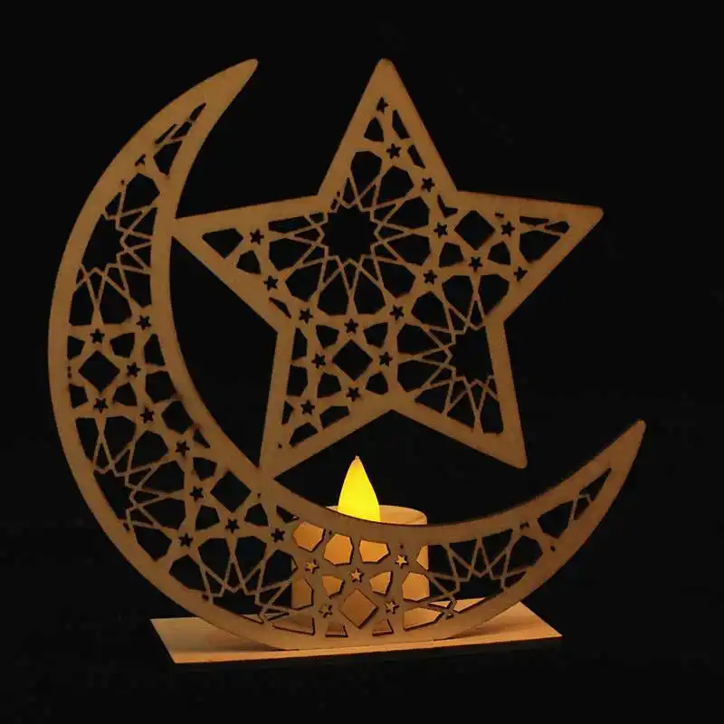 Luces decorativas de Ramadán, vela colgante de madera, estrella, Luna, lámpara de aceite, linterna Eid