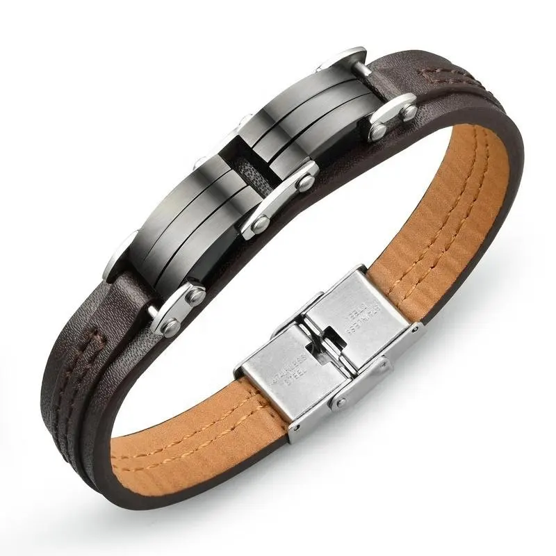 MECYLIFE-pulsera de cuero de acero inoxidable para hombre, pulsera de cuero con etiqueta negra IP, venta al por mayor