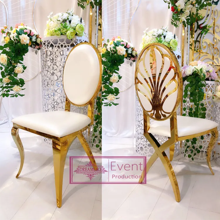Ins style cadeira de salão de beleza, novo design de salão de beleza, aço inoxidável, moldura dourada, oval, de couro pu, traseira, cadeira de casamento
