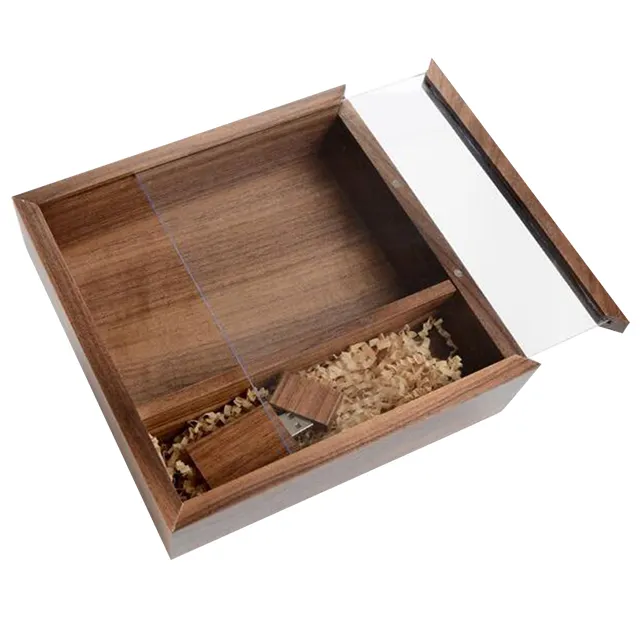अखरोट स्पष्ट ढक्कन लकड़ी उपहार बॉक्स के लिए यूएसबी और तस्वीरें फोटो लकड़ी के बॉक्स