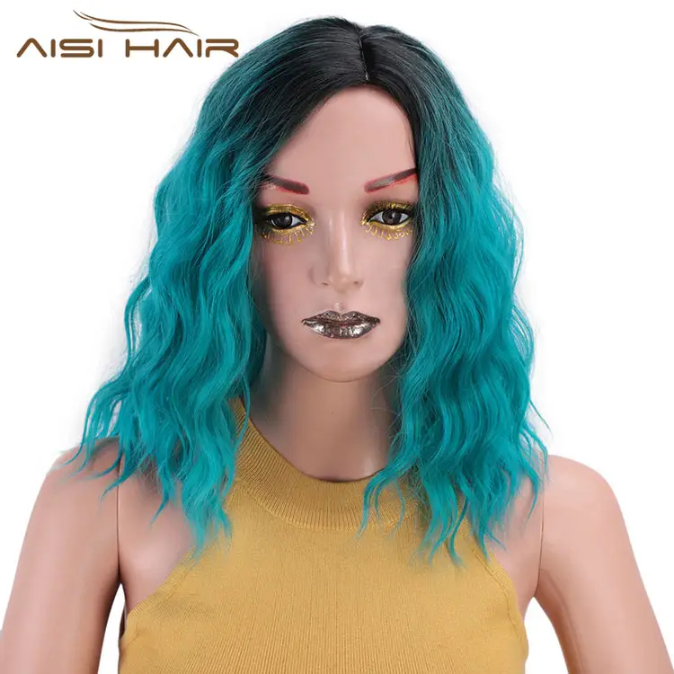 Aipossibilité — perruque synthétique ondulée, coupe au carré, cheveux humains bouclés, bleu ombré, pour Cosplay