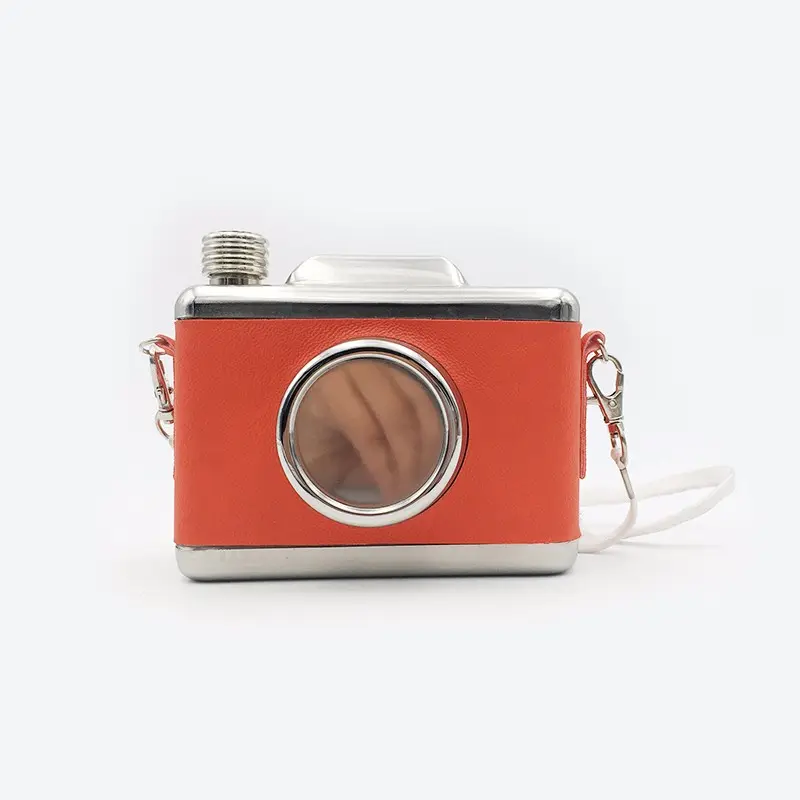 New stainless steel leather gift item unique camera hip flask