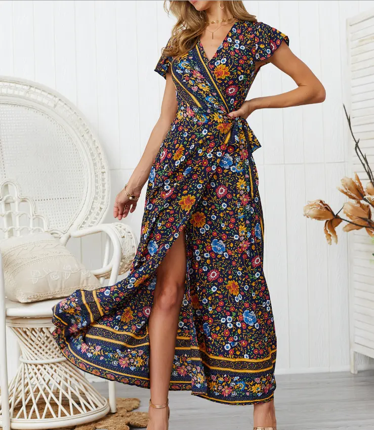 Популярное Летнее Длинное Платье 2023, женское пляжное платье с цветочным принтом из Таиланда