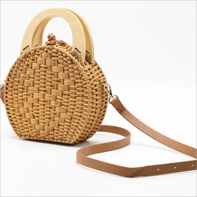 Manche en bois Rotin Tricot Sac Rond plage Camel rotin en osier sac à main