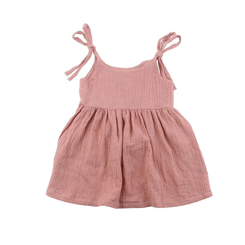 Vestido de algodão bebê menina orgânico, atacado de alta qualidade vestido para meninas roupas moda verão rosa crinkle musselina vestido