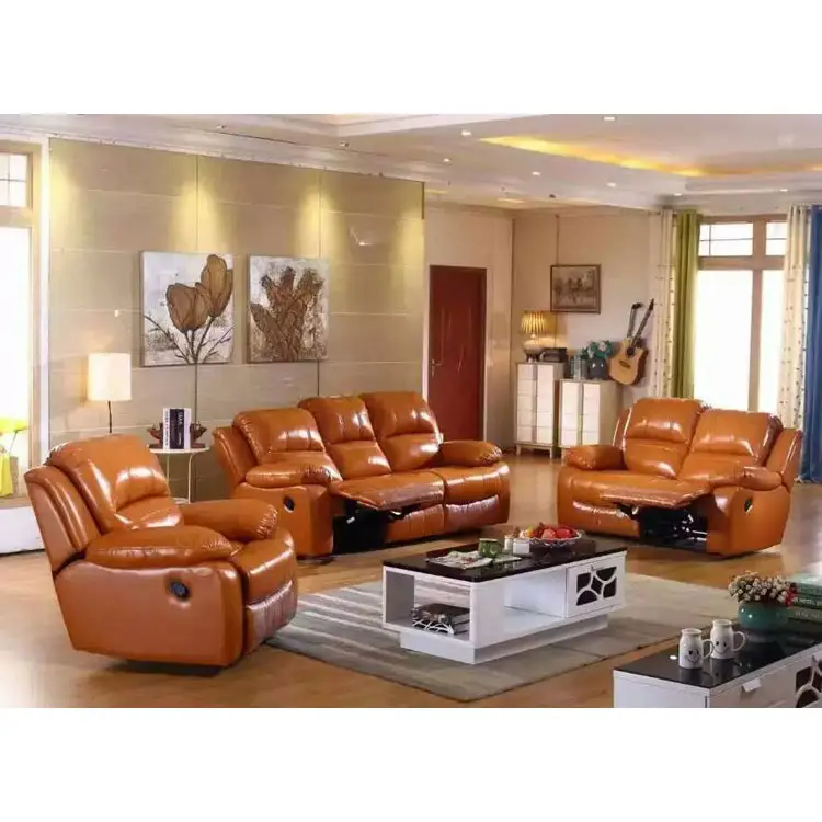 Soft comfortable recliner orange color genuine leather sofas