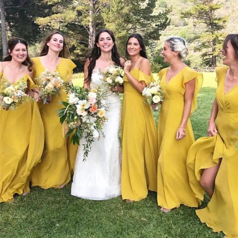 Vestido largo de gasa para dama de honor, bohemio, amarillo, 2021, con cuello de pico, para damas de honor