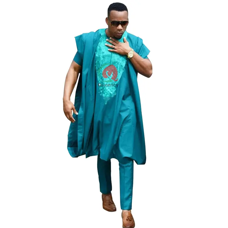 Queency Moda 2019 Bazin Zengin afrika kıyafeti Afrika Bazin Uzun Elbise Erkekler Için