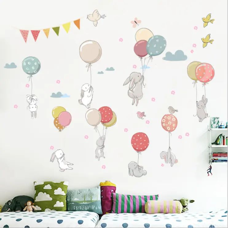 Adesivos de parede decorativos para meninas, desenhos animados, decalque de parede removível, arte, coelho, adesivo de parede