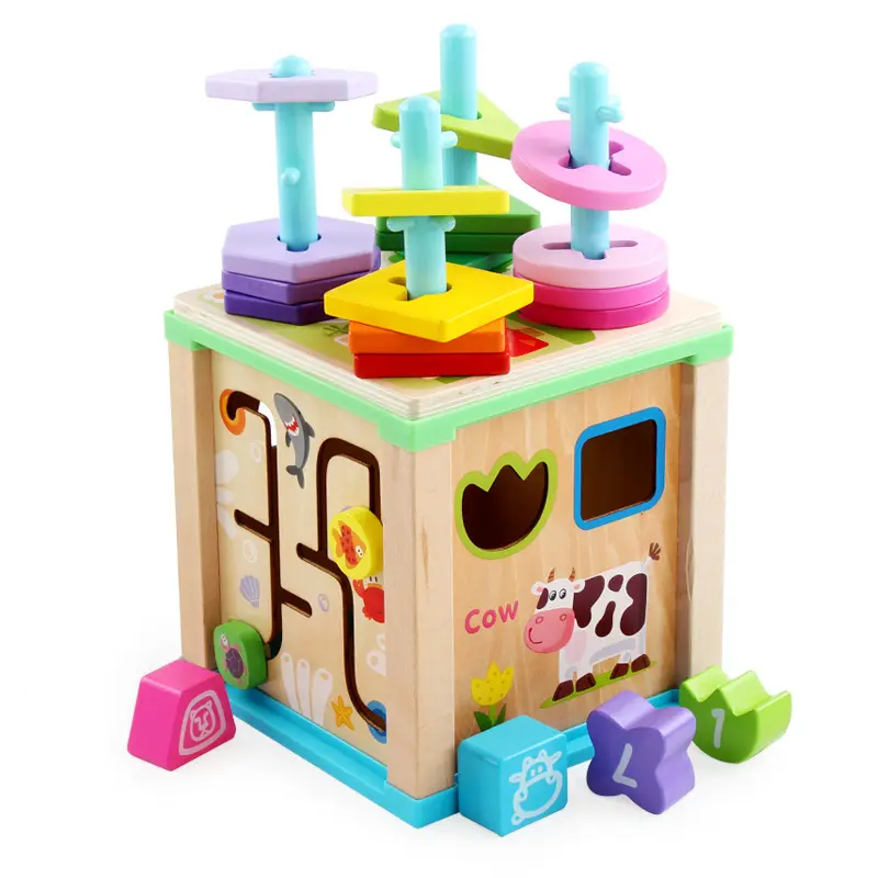 Juguetes rompecabezas de madera para niños, tablero de dibujo de bloques en forma de laberinto, cuentas de madera, Cubo de juguete 6 en 1, WTB23, venta al por mayor