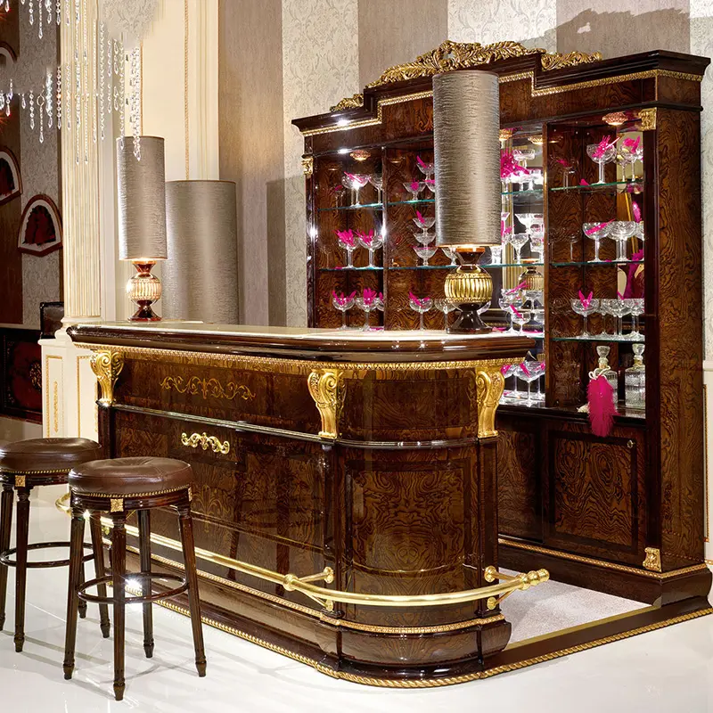 Vitoria Estilo Bar Móveis para casa, Requintado Esculpida Mesa de Balcão De Bar de madeira, Armário de Madeira Do Vinho De Luxo marrom