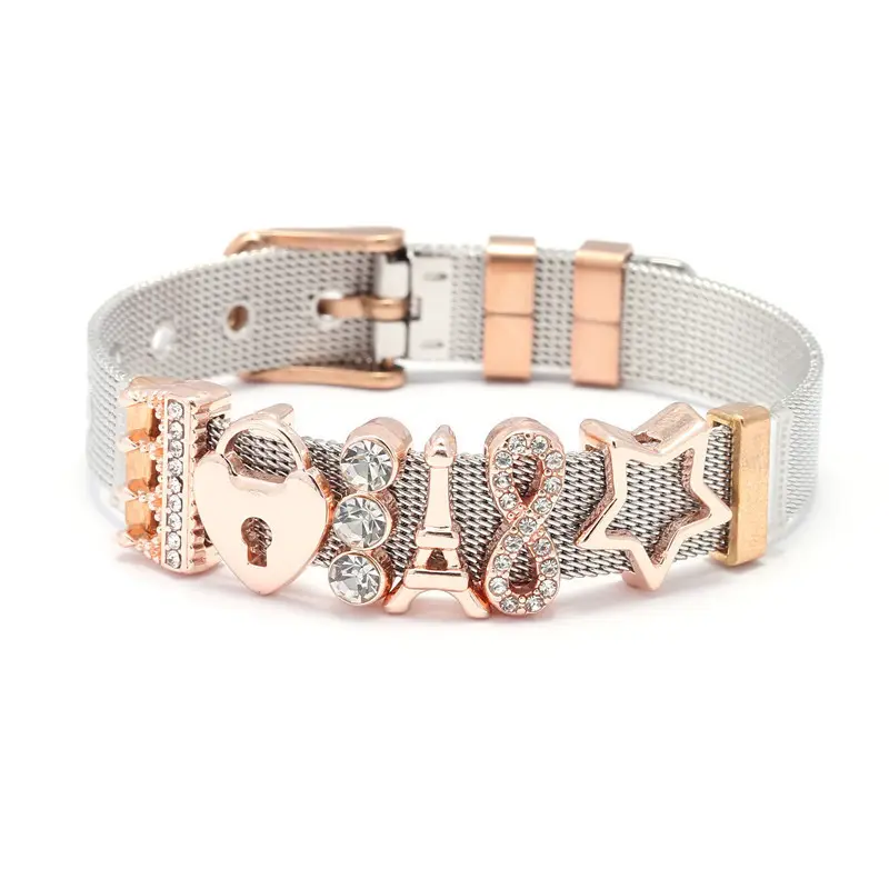 Pulsera de malla metálica con abalorios para mujer, pulsera con abalorios de Estrella Digital, de acero inoxidable, amuletos de la suerte, joyería