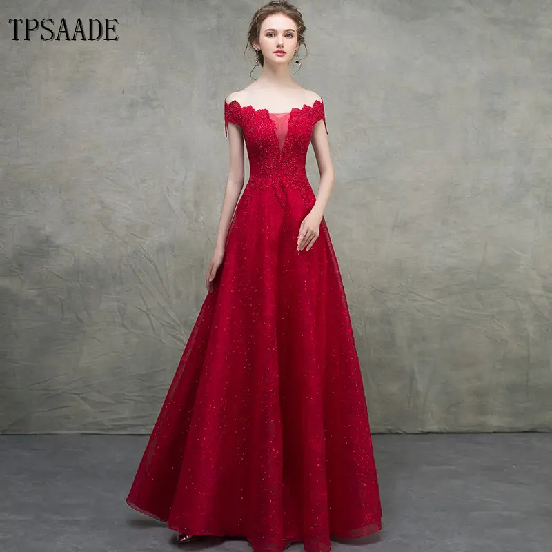 Vestido vermelho formal com apliques frisados, decote cacheado, vestido de noite wf340