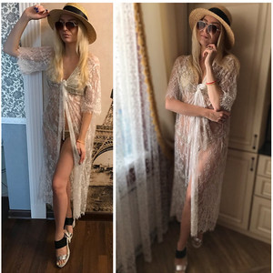 2019 Seksi Şeffaf Uzun Dantel Plaj Tunik Kimono Hırka Yarım Kollu Nakış Gömlek Kadın üst bluz Elbise <span class=keywords><strong>Sarong</strong></span> De Plage