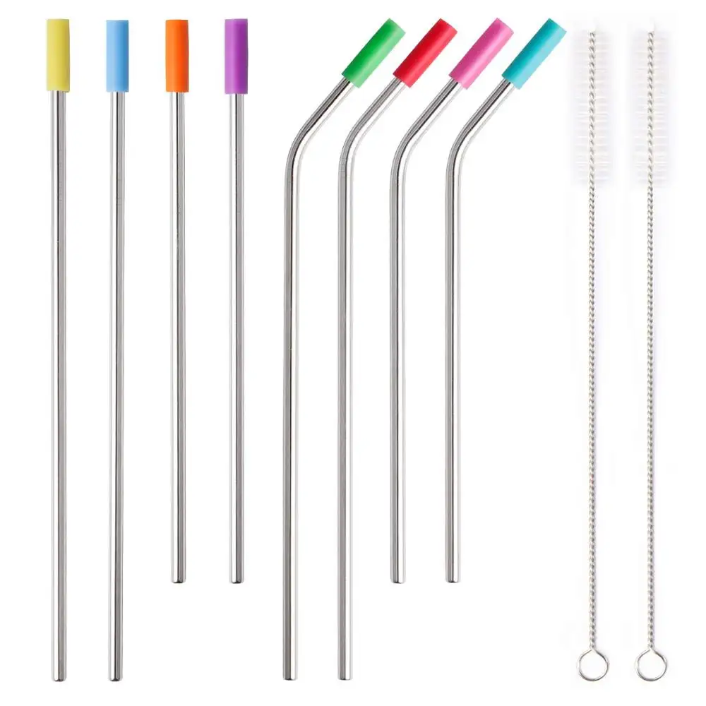 8 pack 304 Metal Straws Reusable Drinking Straws 10.5 Inch and 8.5 Inch for Tumble 2 Cleaning Brushes Included