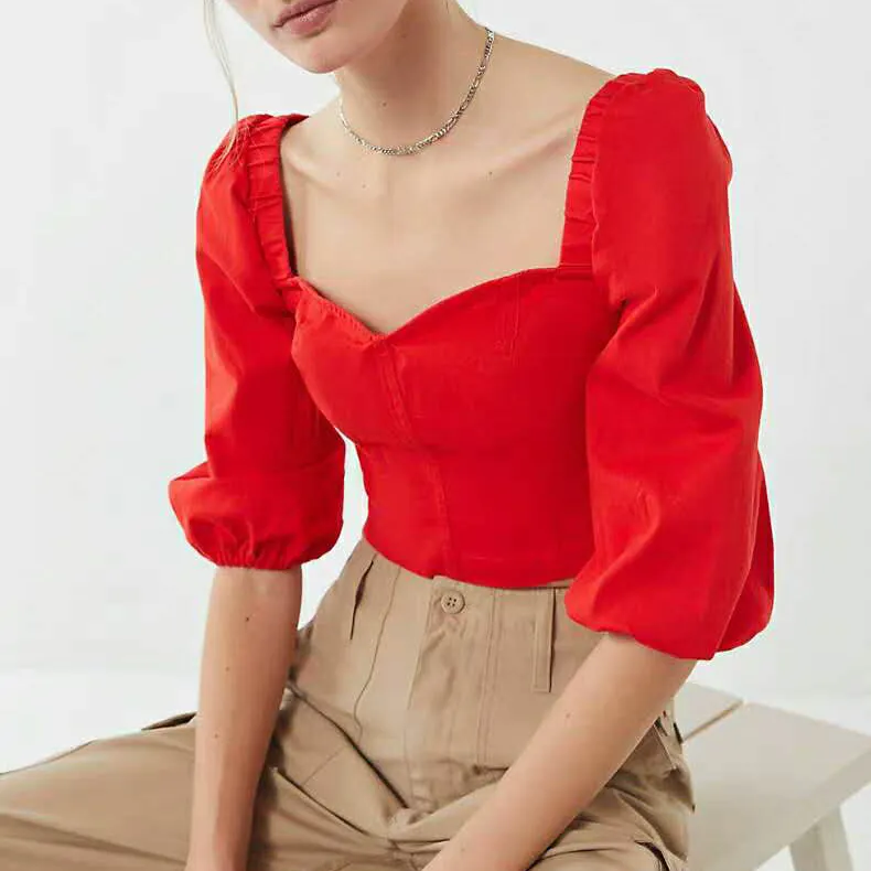 96% coton 4% d'autres matériaux chic fantaisie conceptions dames rouge demi manches chemisier