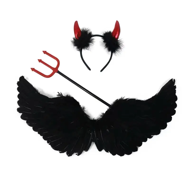 Conjunto de disfraces de decoración para fiesta de Carnaval de Halloween, alas de Ángel de plumas negras del diablo con diadema para disfraces de Carnaval