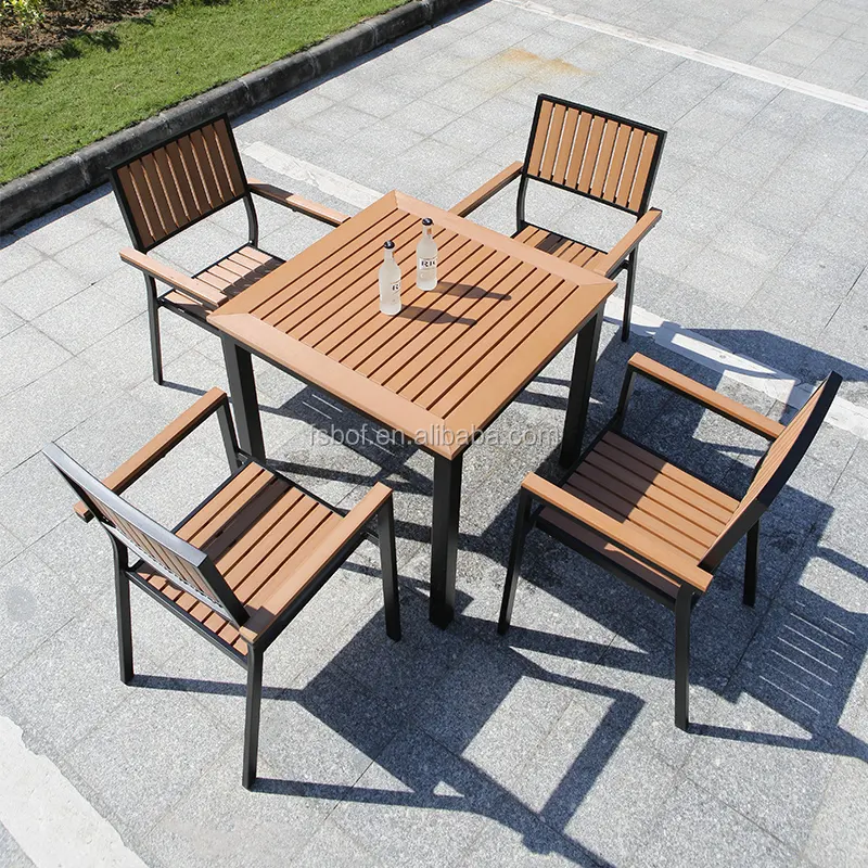 Umwelt freundliche Outdoor 5 Stück Restaurant möbel Set PP Kunststoff Aluminium rahmen quadratischen Tisch und Stuhl für Bistro Shop