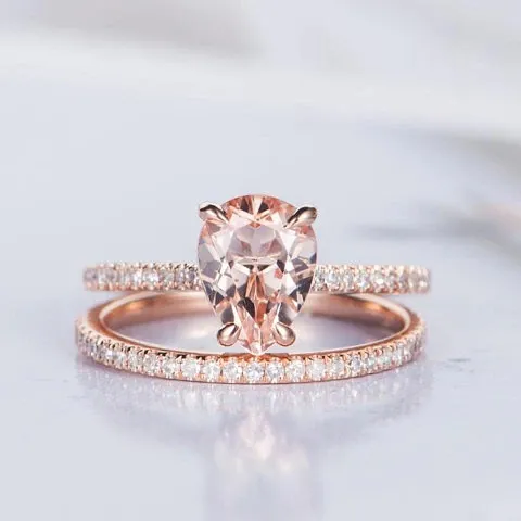 Set di anelli di fidanzamento di nozze Morganite placcato oro rosa Morganite a forma di pera in argento 925 di alta qualità