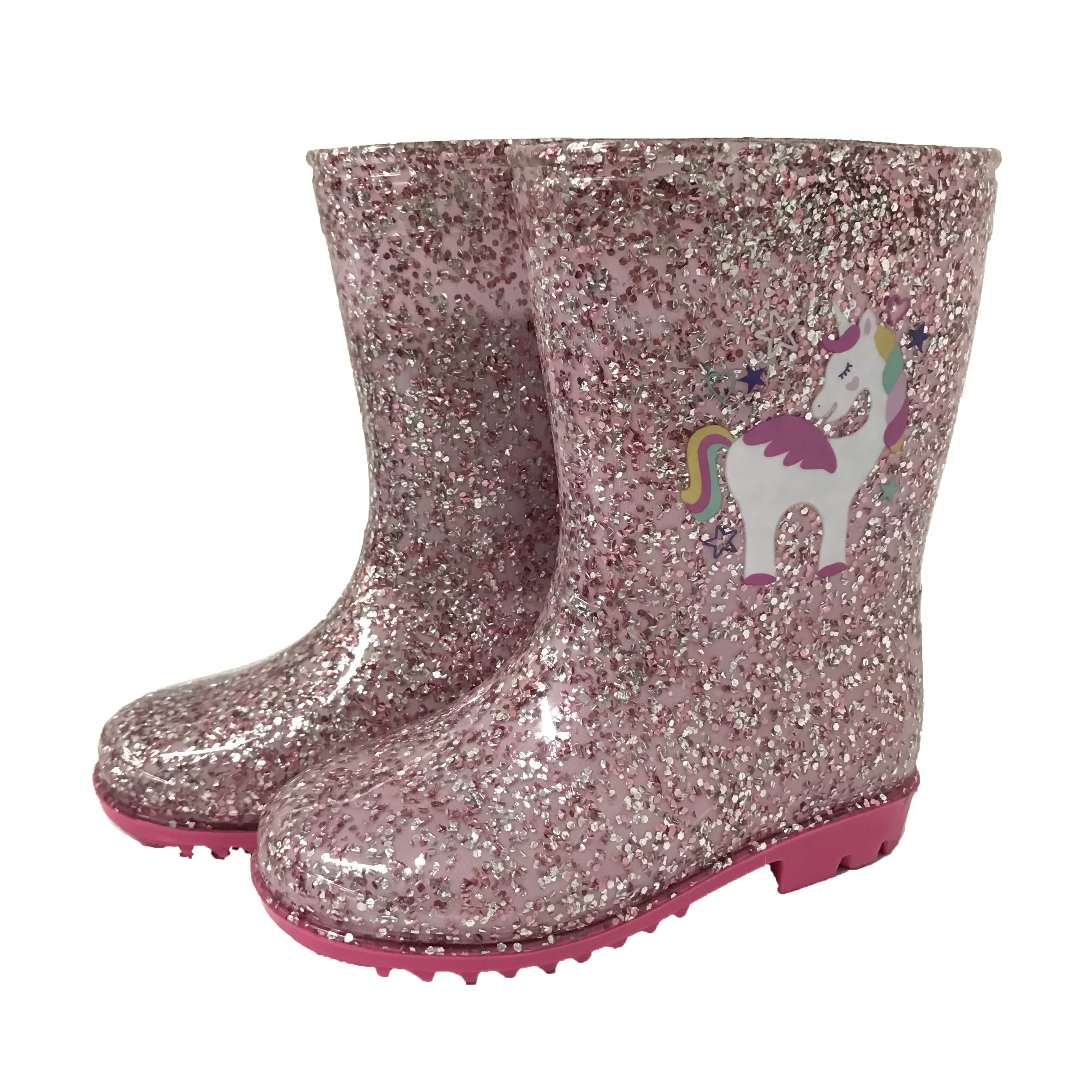 Botas de chuva rosa para crianças, unicórnio e glitter