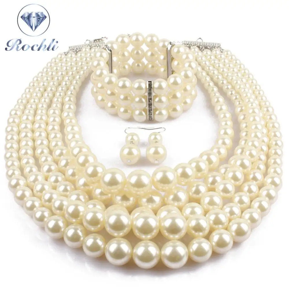 Hot vintage style bead insieme dei monili esagerato three-piece set con multi-layer collana di perle con orecchini e braccialetto