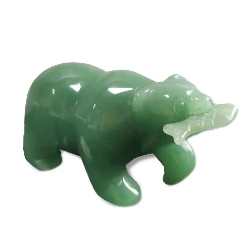 Oso verde de Aventurina con forma de pez en la boca, estatua tallada de animales, Reiki, piedra curativa, regalo de decoración