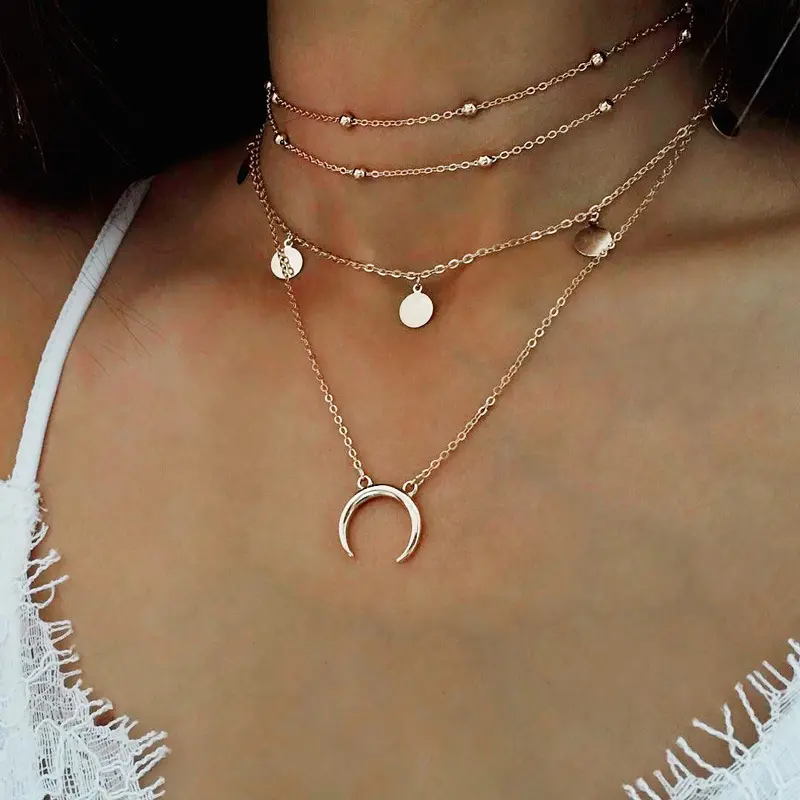 2019 Sexy di modo Sottile Catena Corta Collo Girocollo Placcato Oro a più strati di Stile Boho Oro Crescent Collana