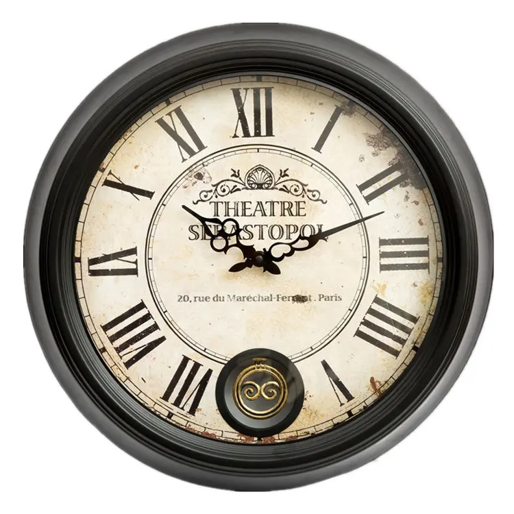 Horloge à pendule murale noire vintage en métal, pendule rétro décorative avec verre pour la maison