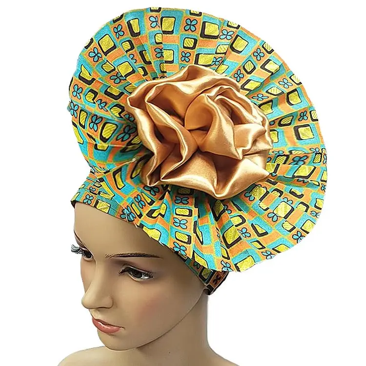 Queency 새로운 도착 앙카라 패브릭 인쇄 3d 꽃 머리 랩 보닛 아프리카 패션
