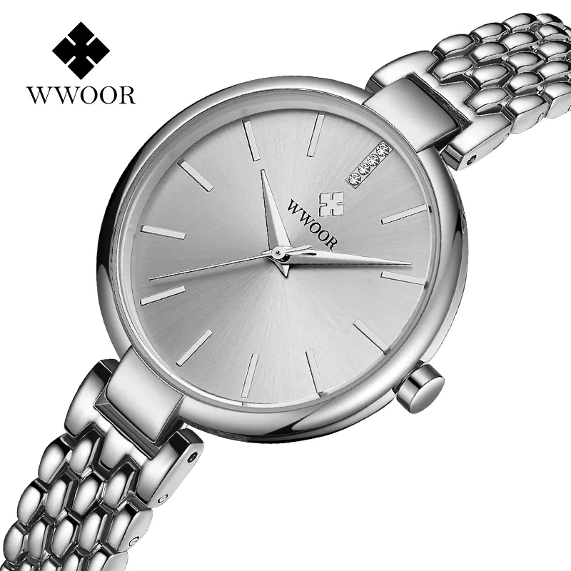 WWOOR 8865 가장 인기있는 섹시한 레이디 시계 다이아몬드 빛나는 다이얼 여성 엠보싱 새로운 모델 강철 석영 여자 시계
