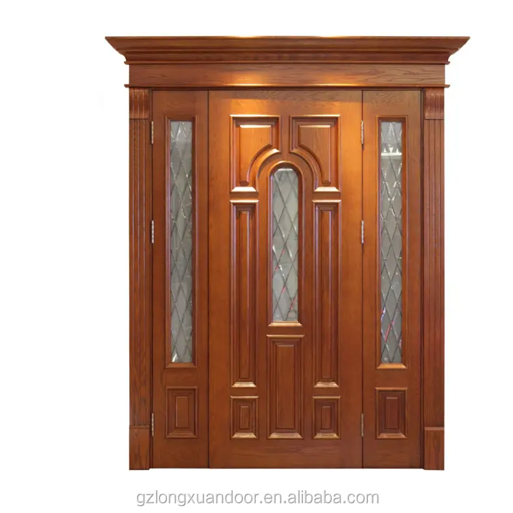 Panel de villa tallado de diseño de estilo británico, puerta principal doble de madera con vidrio artístico