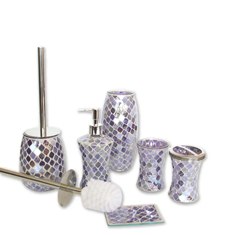 Bathroom Accessories Set 6 Pieces Purple with Silver Glass Bath Accessory Handmade Piece Mosaic