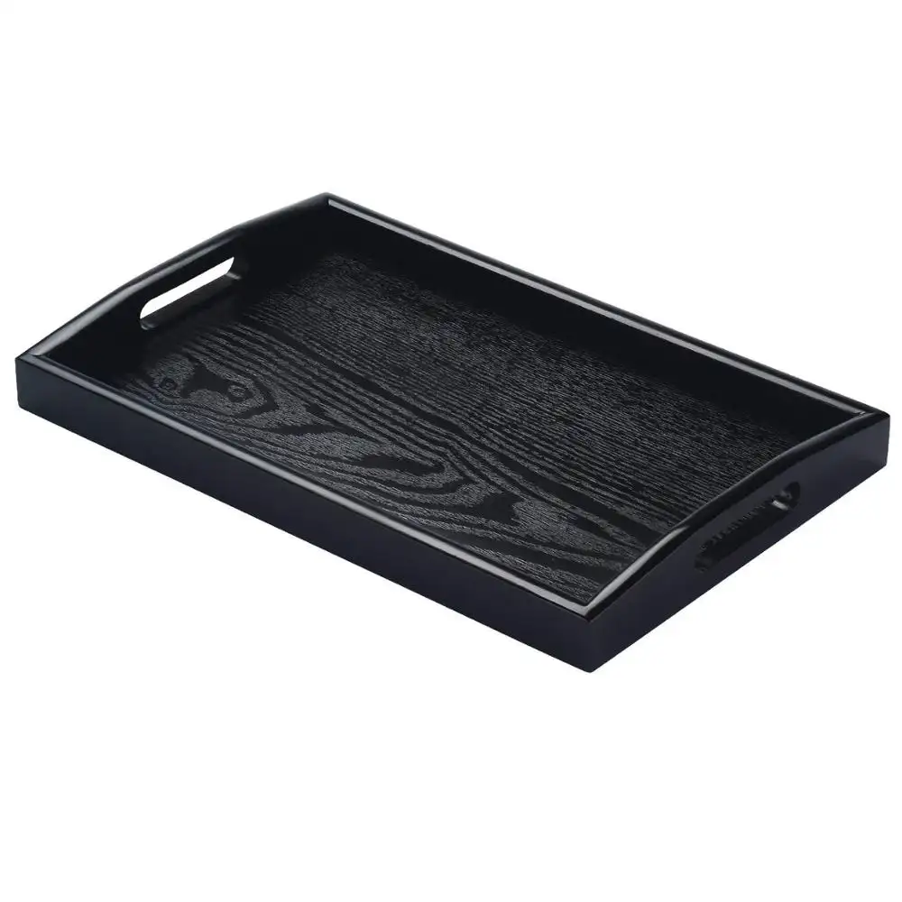 Bandeja rectangular de madera para desayuno, accesorio negro de grado alimenticio, con asas