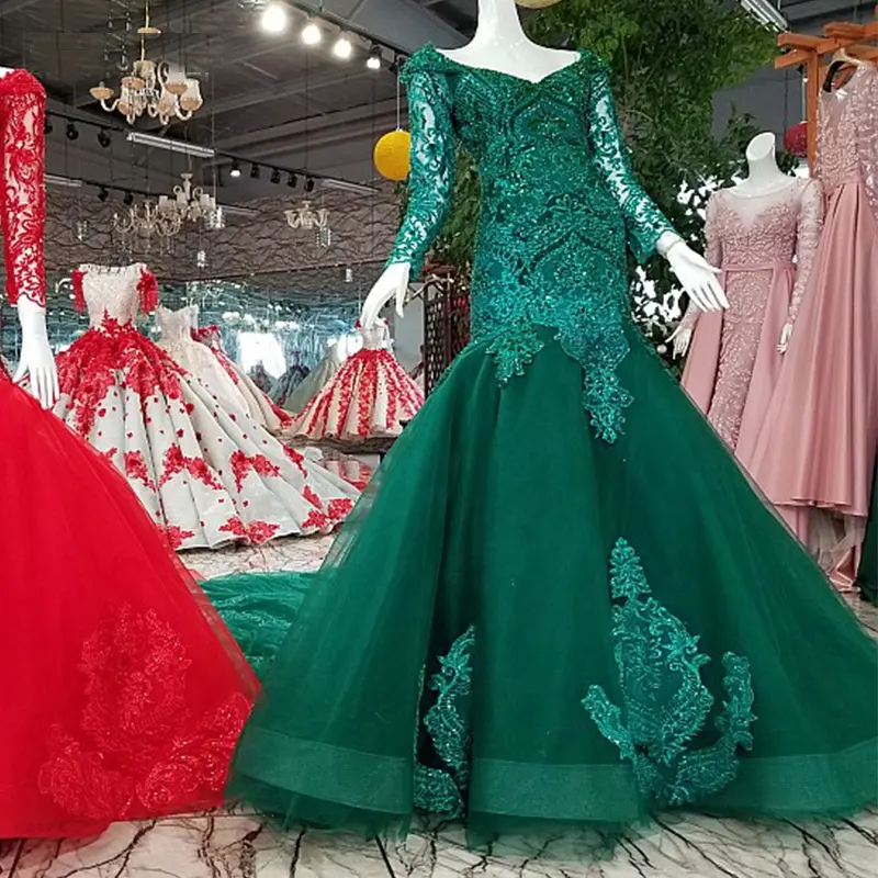 トルコアラビア長袖エメラルドグリーンアジアの花嫁刺Embroideryマーメイドイブニングドレスの母
