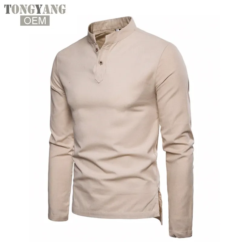 TONGYANG-camisa de lino informal para hombre, camisa de manga larga con cuello mandarín, transpirable, cómoda, estilo tradicional chino