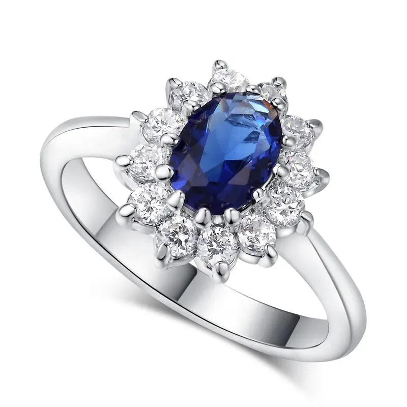 Online alışveriş zarif düğün gelin takısı Kate prenses büyük Oval mavi zirkon nişan yüzüğü
