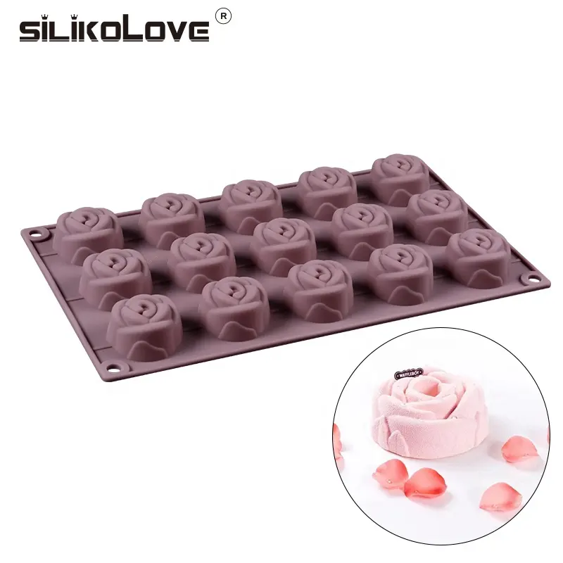 Molde de silicone com 15 espaços para confeitaria, forma de flor rosa chocolate, bolos, sabonete, molde, bandeja, gelo, café, chocolate